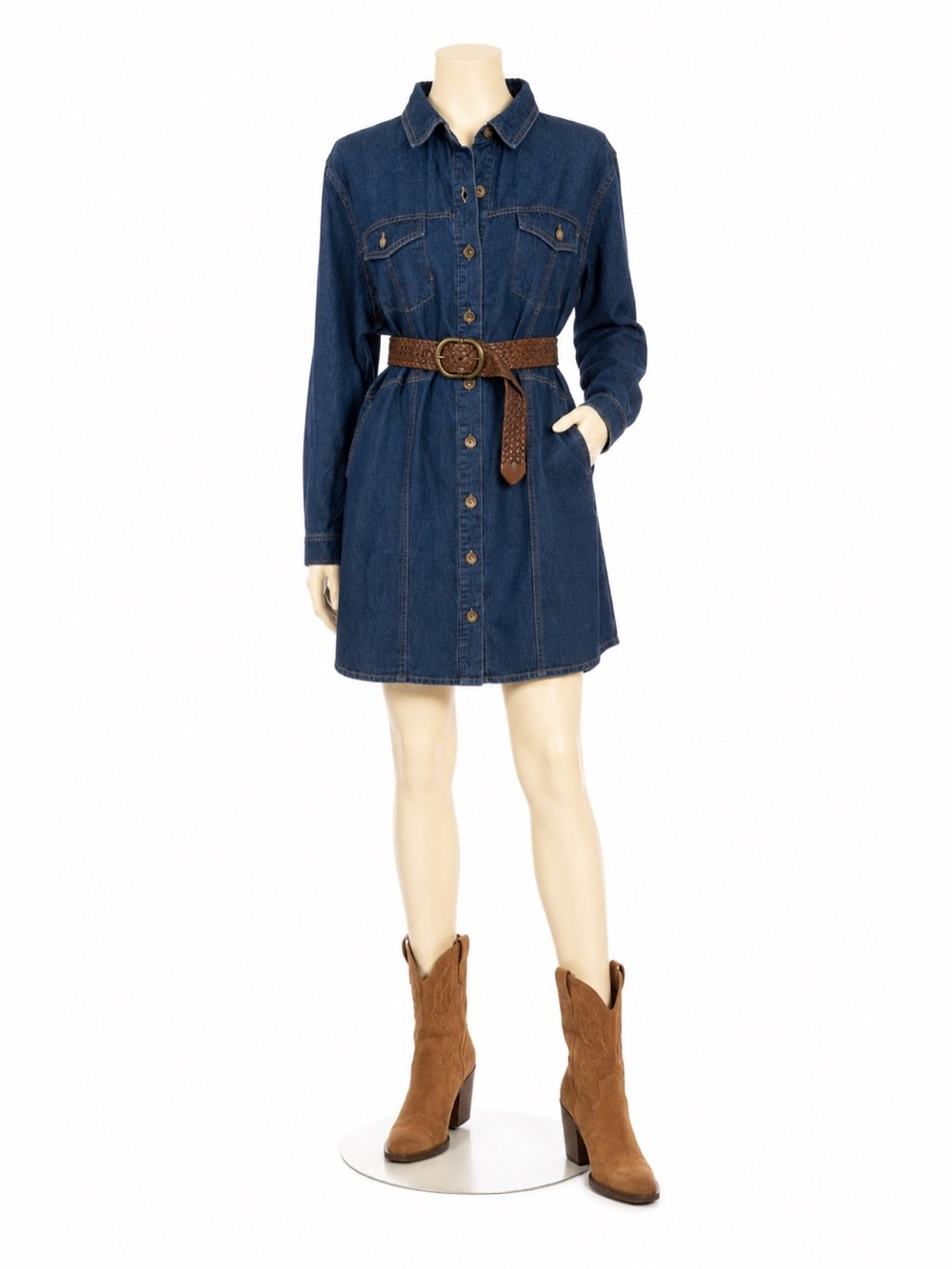 Frye Blue Denim Shirt Dress with Yellow Woven Belt